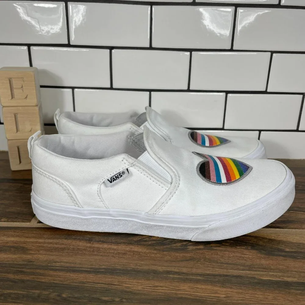 Vans Asher Pride Youth Girl's Size 5 Shoes Glitter Rainbow White Slip On Sneaker